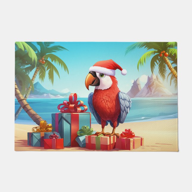 Niedlicher Santa Parrot Tropical Beach Weihnachten Fußmatte (Vorderseite)