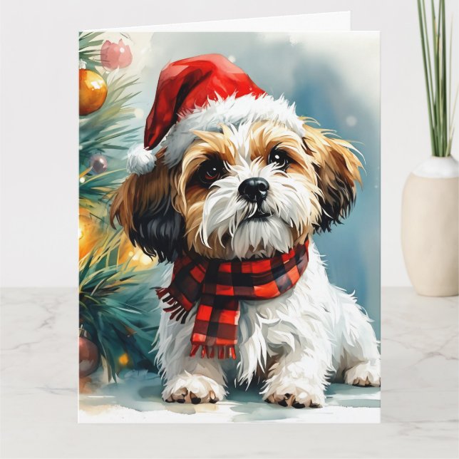 Niedlicher Santa Puppy mit Weihnachtsbaum Karte (Vorderseite)