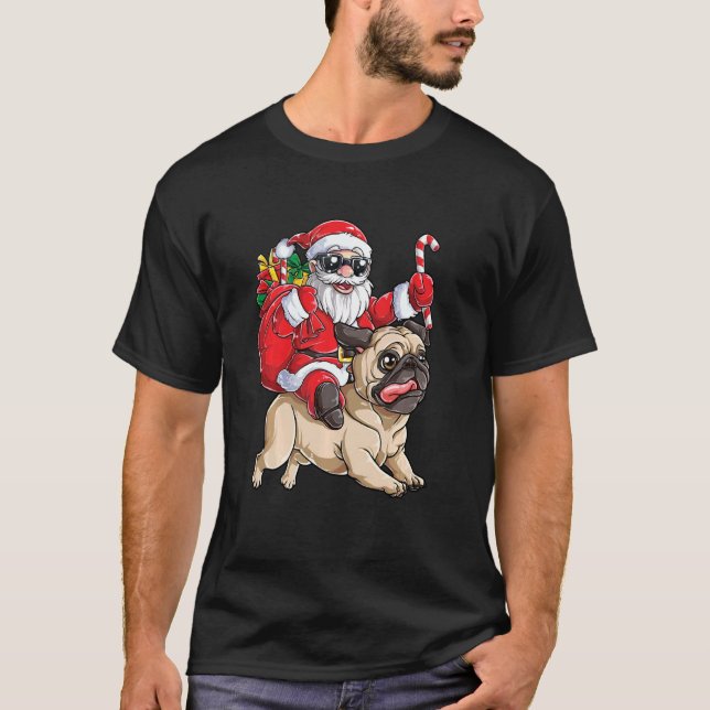 Niedlicher Santa Riding Mops Hund Funny Mops Weihn T-Shirt (Vorderseite)