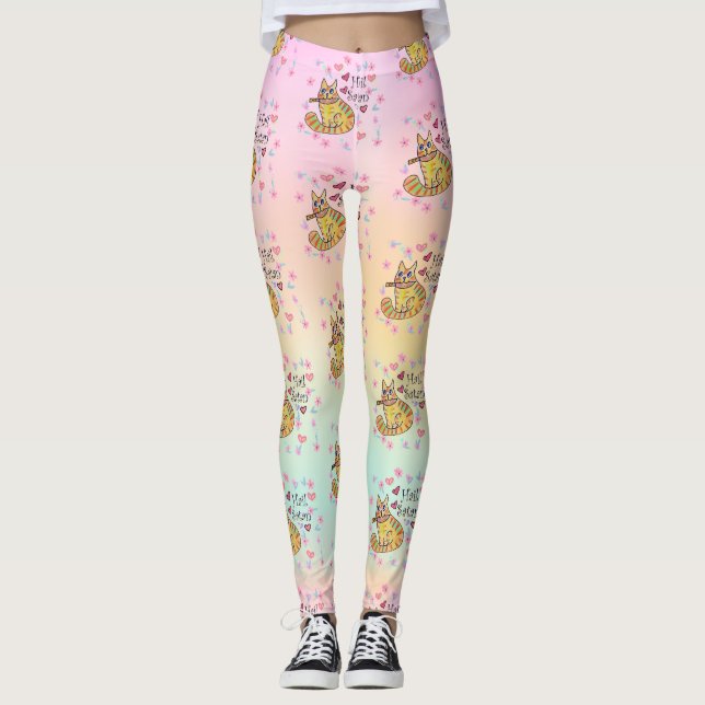 Niedlicher sarkastischer Cartoon kitty hail Satan Leggings (Vorderseite)