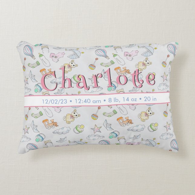 Niedlicher Säugling Kinderwagen, Flaschen und Spie Dekokissen (Vorderseite)