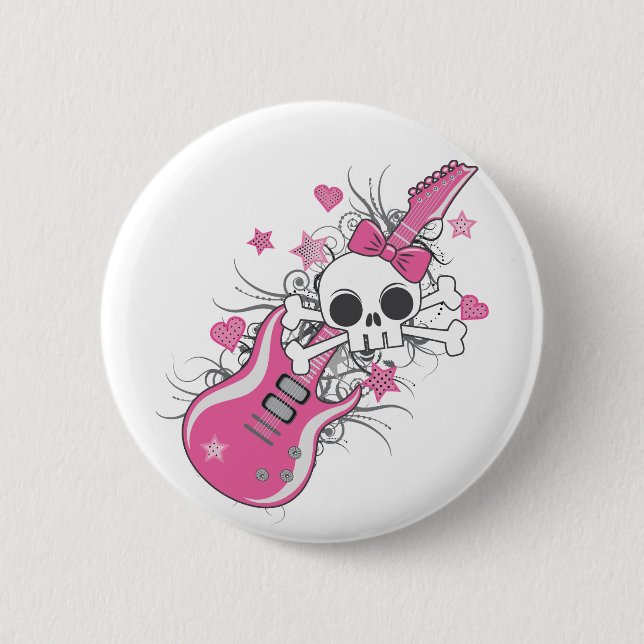Niedlicher Schädel mit rosa Gitarre Button (Vorderseite)