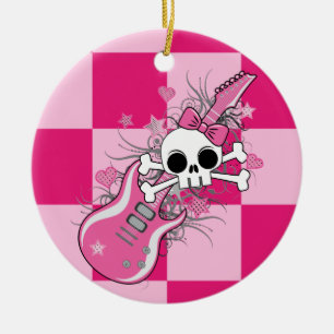 Niedlicher Schädel mit rosa Gitarre Keramik Ornament