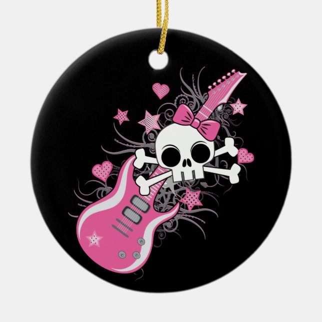 Niedlicher Schädel mit rosa Gitarre Keramikornament (Vorne)
