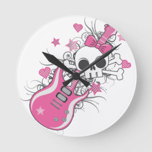 Niedlicher Schädel mit rosa Gitarre Runde Wanduhr