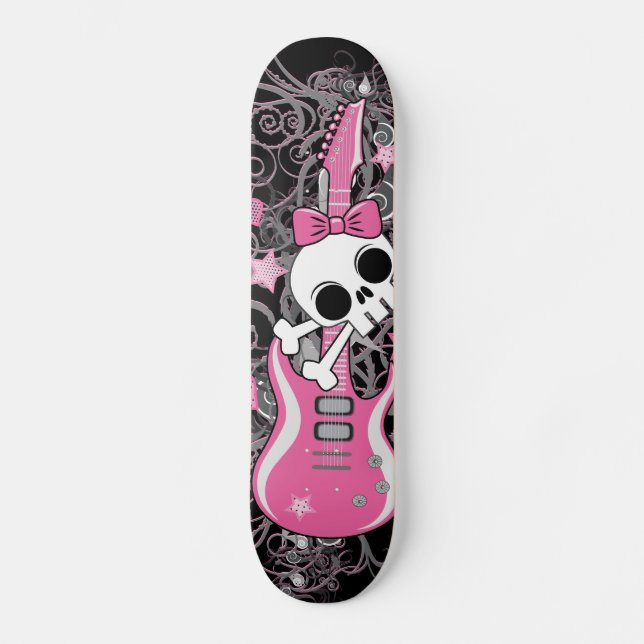 Niedlicher Schädel mit rosa Gitarre Skateboard (Vorderseite)