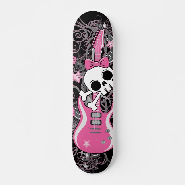Niedlicher Schädel mit rosa Gitarre Skateboard (Vorne)