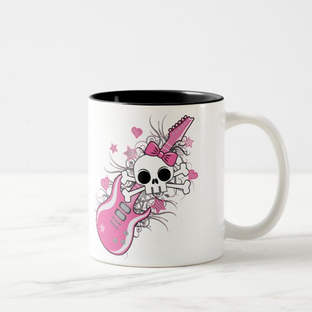 Niedlicher Schädel mit rosa Gitarre Zweifarbige Tasse (Rechts)
