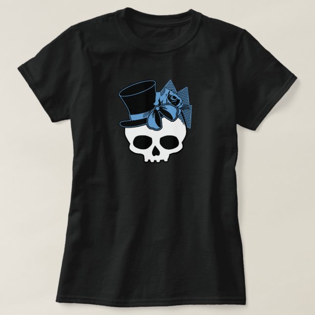 Niedlicher Schädel mit Top Hat Rose Blue Bow (Design vorne)