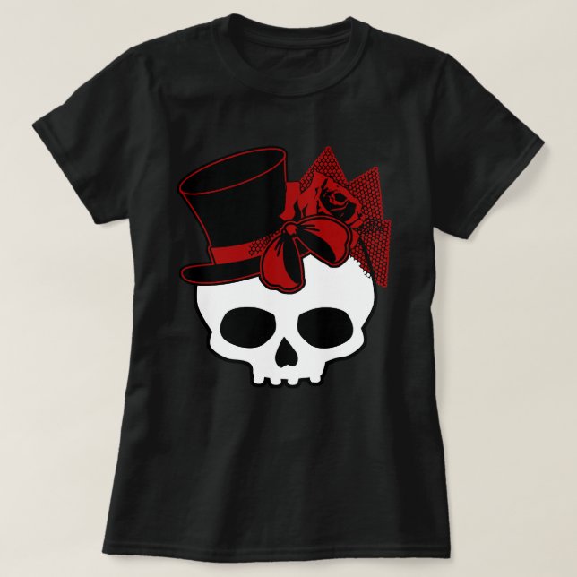 Niedlicher Schädel mit Top Hat Rose Red Bow (Design vorne)