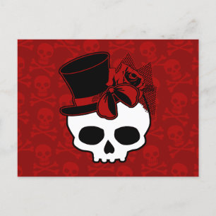 Niedlicher Schädel mit Top Hat Rose Red Bow Postkarte