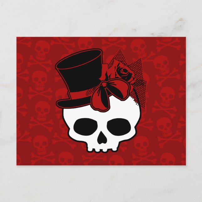 Niedlicher Schädel mit Top Hat Rose Red Bow Postkarte (Vorderseite)