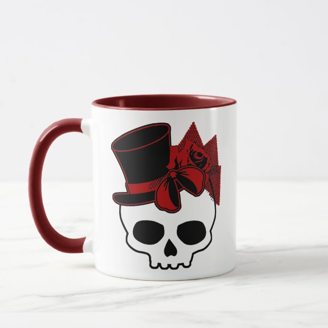 Niedlicher Schädel mit Top Hat Rose Red Bow Tasse (Links)