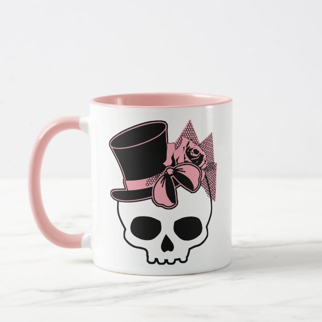 Niedlicher Schädel mit Top-Hat-Rose, rosa Leim Tasse (Links)