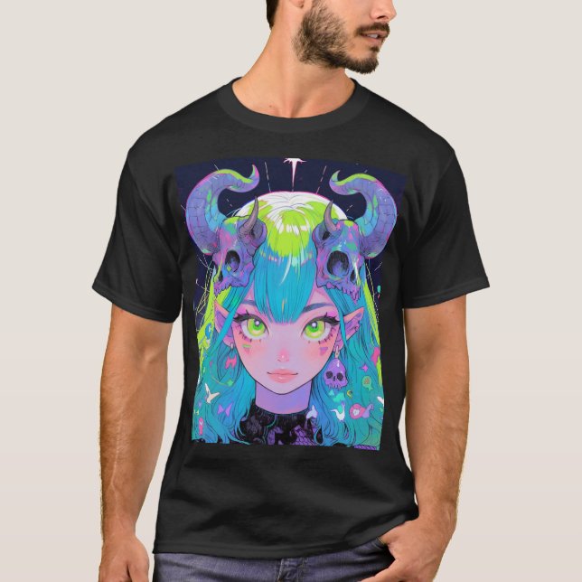 Niedlicher Schädel und Hörner Punk Rock Anime Girl T-Shirt (Vorderseite)