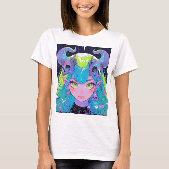 Niedlicher Schädel und Hörner Punk Rock Anime Girl T-Shirt (Vorderseite)