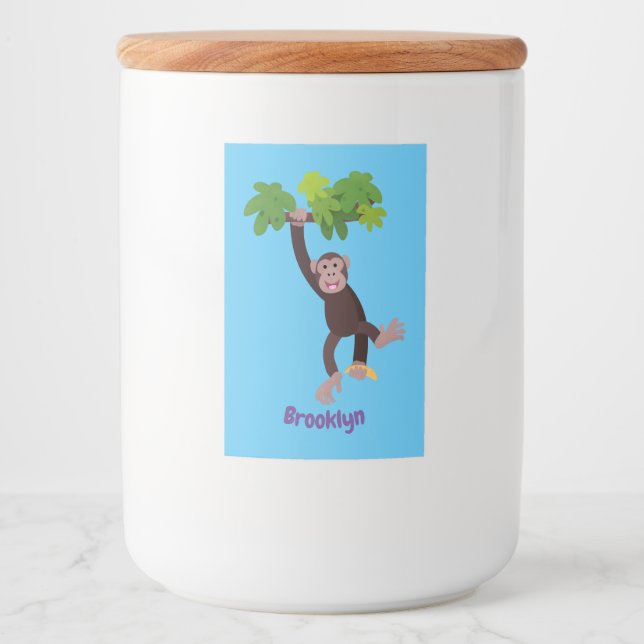 Niedlicher Schimpanse im Dschungel hängender Carto Lebensmitteletikett (Vorderseite)