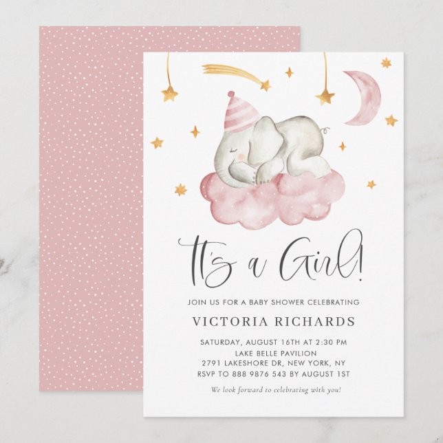 Niedlicher SchlafElefant Es ist eine Girl Baby Dus Einladung (Vorne/Hinten)