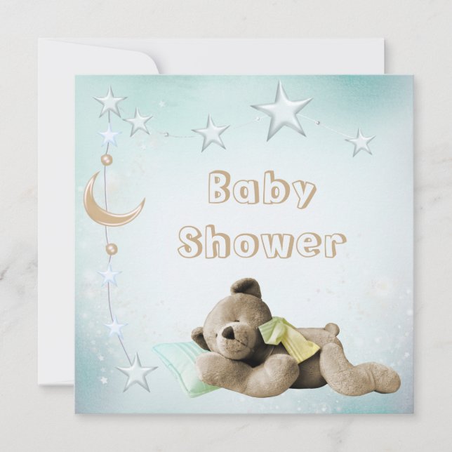 Niedlicher Schlafenteddy-Mond u. Stern-Baby-Dusche Einladung (Vorderseite)