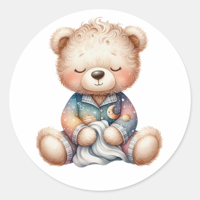 niedlicher, schläfriger Teddyboy mit Decke Runder Aufkleber (Vorderseite)