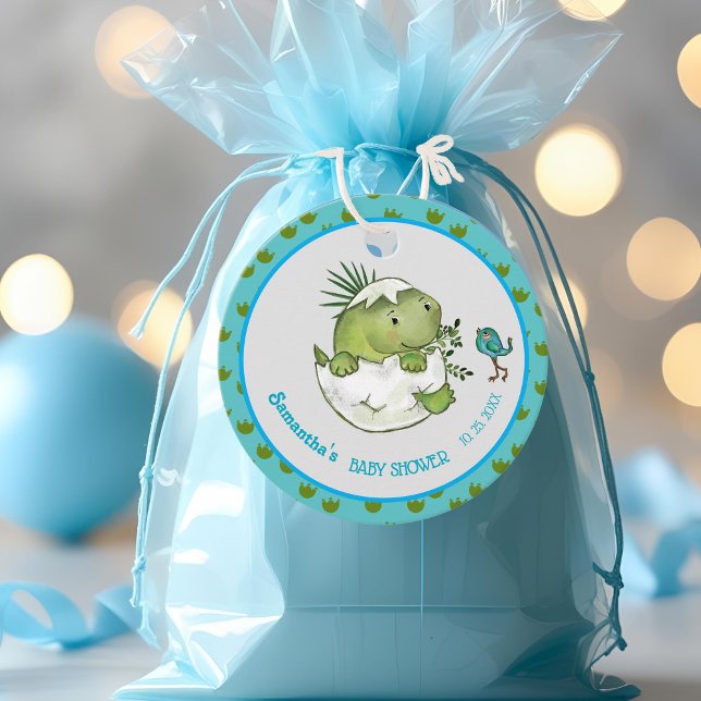 Niedlicher Schlag Dino Baby Dusche Gefallen Tag Geschenkanhänger (Cute Hatching Dino Baby Shower Favor Tag )