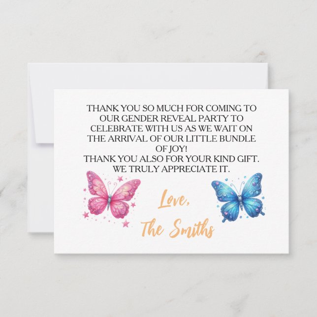 niedlicher Schmetterling Gender Reveal Party Garte Dankeskarte (Vorderseite)