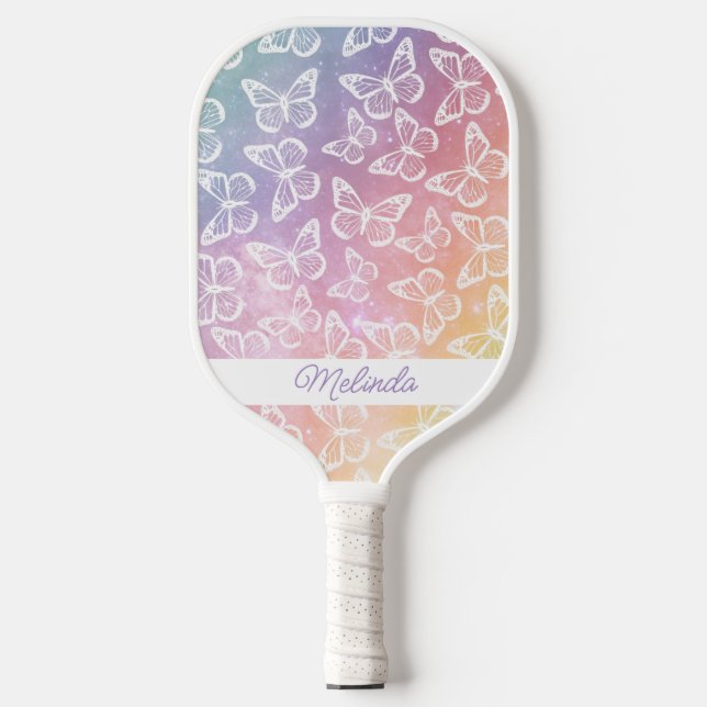 Niedlicher Schmetterling Pastel Regenbogen Name hi Pickleball Schläger (Vorderseite)