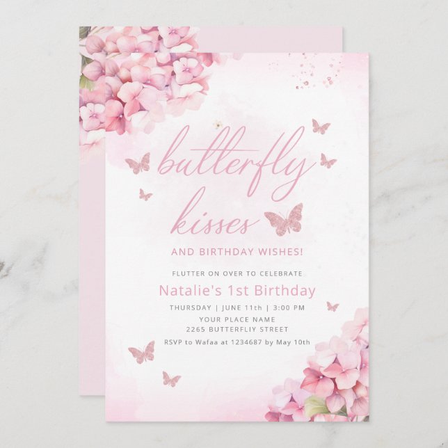 Niedlicher Schmetterling Pink Aquarell Floral 1. G Einladung (Vorne/Hinten)