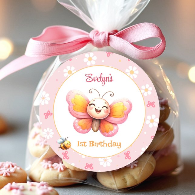 Niedlicher Schmetterling Pink Floral Girl 1. Gebur Runder Aufkleber (Cute Butterfly Pink Floral Girl 1st Birthday Classic Round Sticker)
