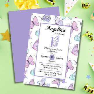 Niedlicher Schmetterling Thema 1. Geburtstag lila  Einladung