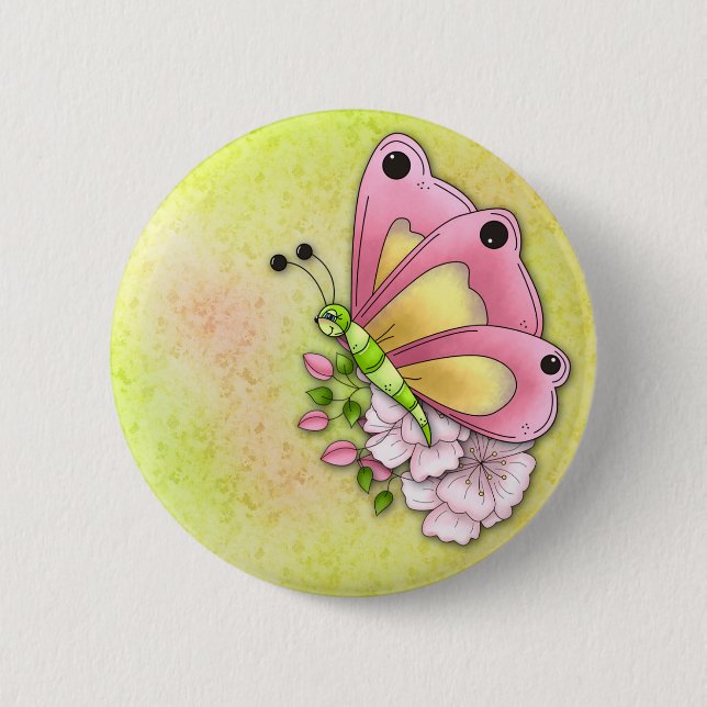 Niedlicher Schmetterling und Blumen Button (Vorderseite)