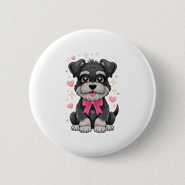 Niedlicher Schnauzer mit rosa Bow umgeben von Herz Button (Vorderseite)