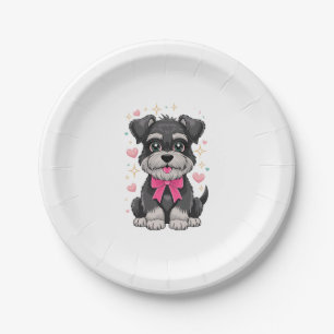 Niedlicher Schnauzer mit rosa Bow umgeben von Herz Pappteller