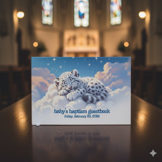 Niedlicher Schneeleoparden-Schlaf auf Wolken-Baby- Gästebuch (Baby Snow Leopard Baby Baptism Guestbook Cover Photo)