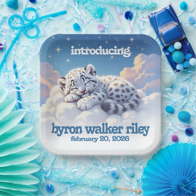 Niedlicher Schneeleopardenschlauch auf Wolkendusch Pappteller (Party)