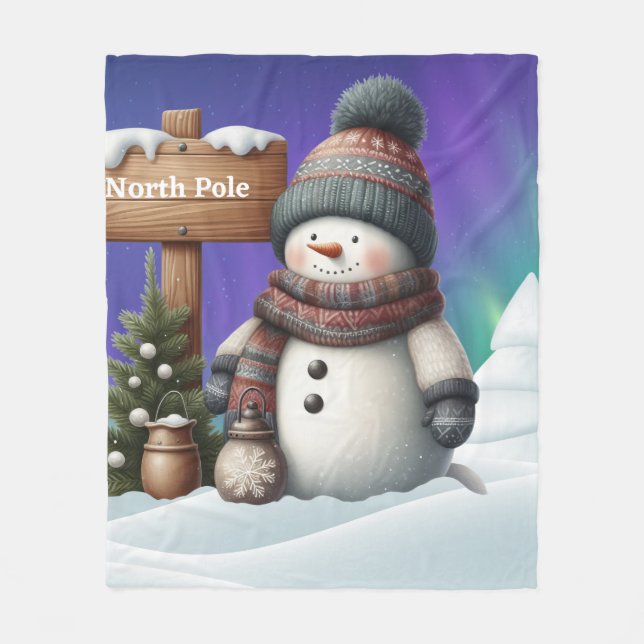 Niedlicher Schneemann am Nordpol mit Nordlichter Fleecedecke (Vorderseite)