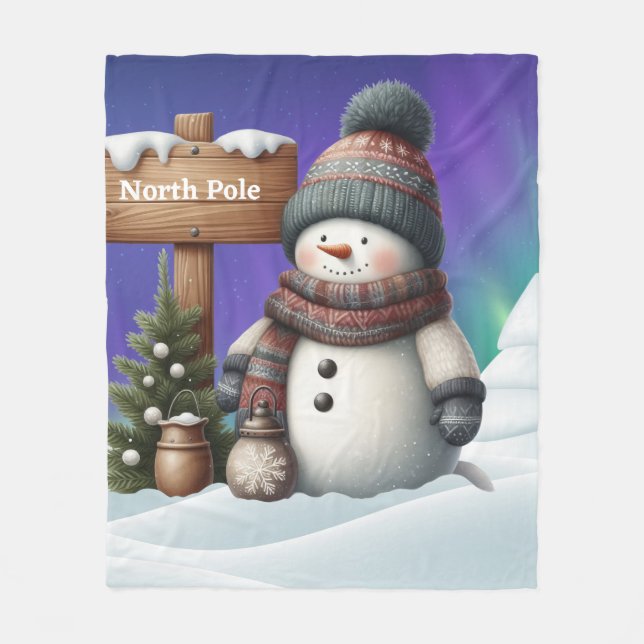 Niedlicher Schneemann am Nordpol mit Nordlichter Fleecedecke (Vorderseite)