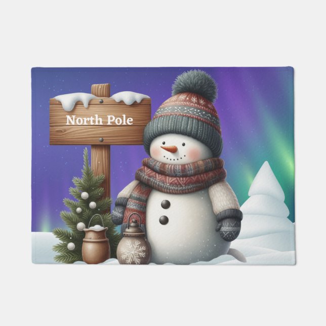 Niedlicher Schneemann am Nordpol mit Nordlichter Fußmatte (Vorderseite)