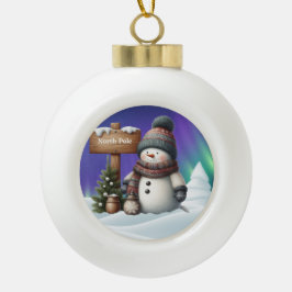 Niedlicher Schneemann am Nordpol mit Nordlichter Keramik Kugel-Ornament