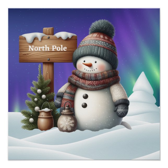 Niedlicher Schneemann am Nordpol mit Nordlichter Poster (Vorderseite)