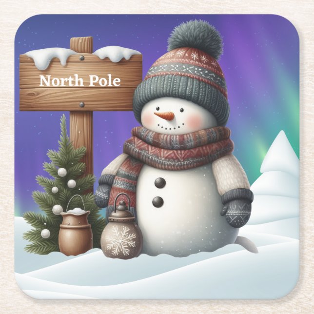 Niedlicher Schneemann am Nordpol mit Nordlichter Rechteckiger Pappuntersetzer (Vorderseite)