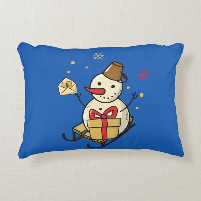 Niedlicher Schneemann auf Schlitten Dekokissen (Vorderseite)