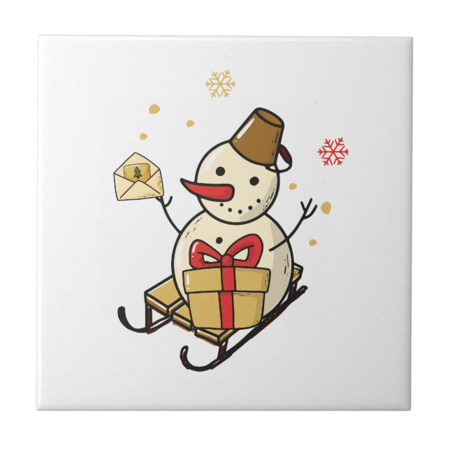 Niedlicher Schneemann auf Schlitten Fliese (Vorderseite)