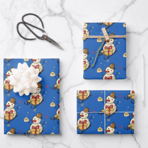 Niedlicher Schneemann auf Schlitten Geschenkpapier Set