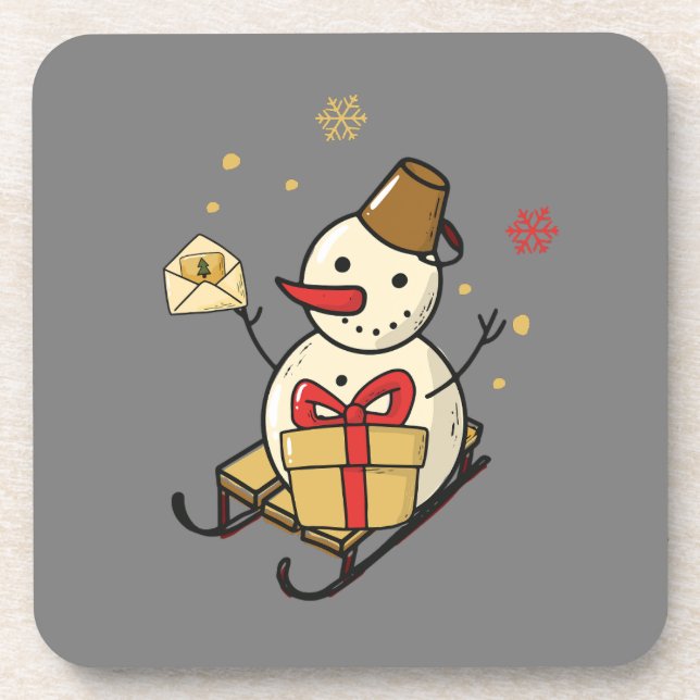 Niedlicher Schneemann auf Schlitten Getränkeuntersetzer (Vorderseite)