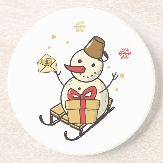 Niedlicher Schneemann auf Schlitten Getränkeuntersetzer (Vorne)