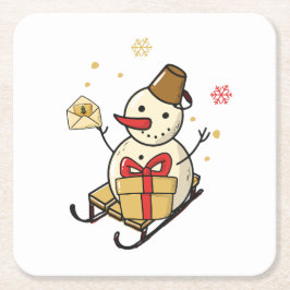 Niedlicher Schneemann auf Schlitten Rechteckiger Pappuntersetzer