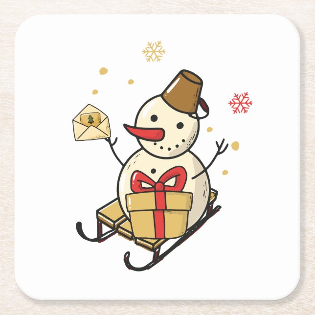 Niedlicher Schneemann auf Schlitten Rechteckiger Pappuntersetzer (Vorderseite)