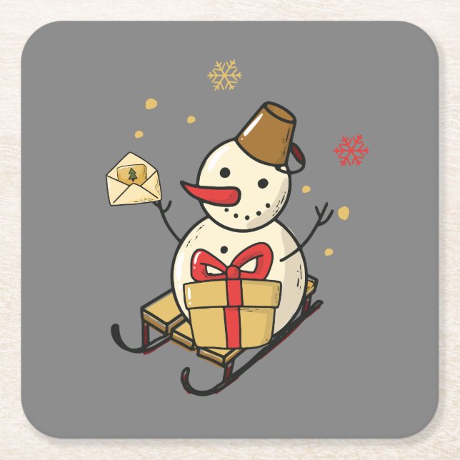 Niedlicher Schneemann auf Schlitten Rechteckiger Pappuntersetzer (Vorderseite)