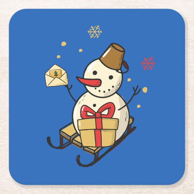 Niedlicher Schneemann auf Schlitten Rechteckiger Pappuntersetzer (Vorderseite)